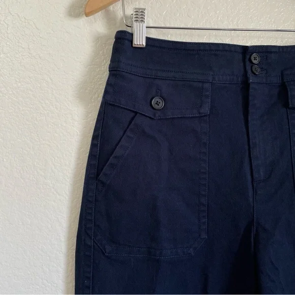 J. Crew Patch Pocket Wide Leg Dark Blue Trousers Stretch Twill Pants High Waist - Picture 3 of 9